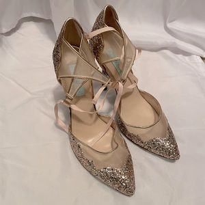 Betsey Johnson Glitter Heels in Gold and Cream